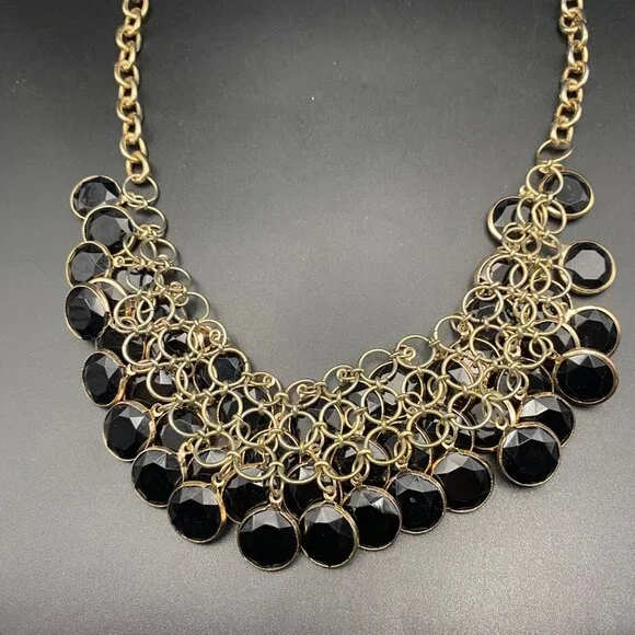 Black Faceted Acrylic Bib Necklace Muted Gold Tone Statement Color Layer 20+2" - Picture 5 of 6
